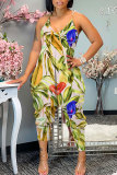 Orange Floral Print Sleeveless Backless Daily Vacation Loose Cami Harem Jumpsuit