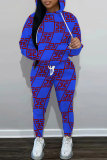 Blue Red Geometry Print O Neck Long Sleeve Hoodie Sweatshirt And Skinny Pants Sportwear Casual Two Pieces Tracksuit Sweatpants Set
