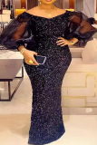 Black Sequin Evening Party Gown Patchwork Mesh Off Shoulder Puff Sleeve Bodycon Glitter Prom Maxi Dress