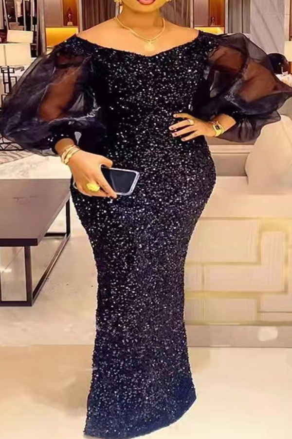 Black Sequin Evening Party Gown Patchwork Mesh Off Shoulder Puff Sleeve Bodycon Glitter Prom Maxi Dress