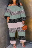 Orange Graphics Print Off Shoulder Long Sleeve Vacation Loose Casual Outing Harem Jumpsuit