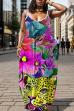 Purple Floral Print Backless Spaghetti Strap Floor Length Vacation Baggy Sundress Slip Maxi Dress