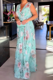 Light Blue Floral Print Sleeveless Lace Up V Neck Long Side Slit Loose Vacation Maxi Dresses