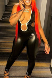 Black Hollow Out Backless Sleeveless Belted Turtleneck Night Club Skinny Jumpsuits