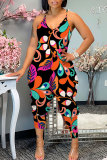 Orange Floral Print Sleeveless Backless Daily Vacation Loose Cami Harem Jumpsuit
