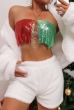 Color Club Metal Sequin Leopard Chains Backless Patchwork Halter Crop Tops