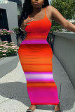 Yellow Sleeveless Casual Graphcis Print Backless Spaghetti Strap Long Bodycon Maxi Slip Dress