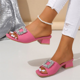 Off White Rhinestone Decor Open-toe Snakeskin Pattern Block Heel Sandals with Ankle Strap Square Shoes