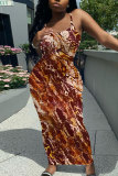 Yellow Sleeveless Casual Graphcis Print Backless Spaghetti Strap Long Bodycon Maxi Slip Dress