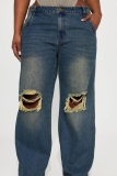 Blue Casual Ripped High Waist Distressed Straight Leg Denim Jeans