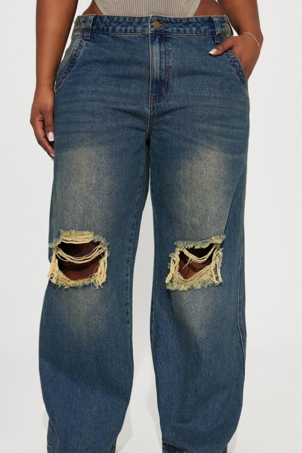 Blue Casual Ripped High Waist Distressed Straight Leg Denim Jeans