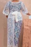 White African Embroidery Flowers Lace Print Mesh Patchwork O Neck Half Sleeve Tops And Maxi Skirt With Maxi Dress Three Pieces Set