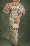Yellow Pink African Sequin Evening Party Gown Flowers O Neck Puff Sleeve Long Bodycon Glitter Prom Maxi Dress