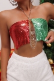 Color Club Metal Sequin Leopard Chains Backless Patchwork Halter Crop Tops