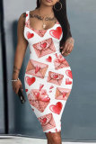 White Red Casual Outing Graphics Print U Neck Sleeveless Bodycon Midi Tank Dresses