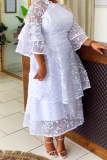 White Formal Evening Party Prom African Graphics Print Mesh Layer Zipper O Neck Flare Sleeve Maxi Dresses