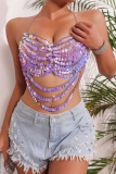 Purple Fringed Trim Chains Sleeveless Backless Shell Beads Halter Crop Tops