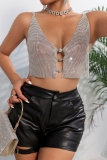 Silver Club Party Backless V Neck Metallic Diamond Fitted Halter Tank Top