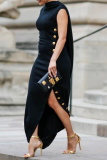 Black Formal Office Sleeveless O Neck Buttons Irregular Side Slit Maxi Dresses