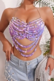Purple Fringed Trim Chains Sleeveless Backless Shell Beads Halter Crop Tops