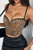 Snake Pattern Lace Sleeveless Backless Spaghetti Strap Cami Crop Tops