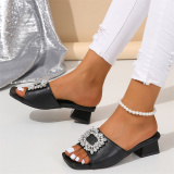 Off White Rhinestone Decor Open-toe Snakeskin Pattern Block Heel Sandals with Ankle Strap Square Shoes