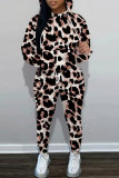 Tan Leopard Print O Neck Long Sleeve Hoodie Sweatshirt And Skinny Pants Sportwear Casual Two Pieces Tracksuit Sweatpants Set