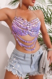 Purple Fringed Trim Chains Sleeveless Backless Shell Beads Halter Crop Tops