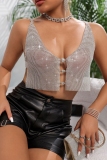 Silver Club Party Backless V Neck Metallic Diamond Fitted Halter Tank Top