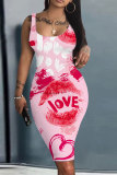 White Red Casual Outing Graphics Print U Neck Sleeveless Bodycon Midi Tank Dresses
