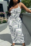 Yellow Sleeveless Casual Graphcis Print Backless Spaghetti Strap Long Bodycon Maxi Slip Dress