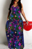 Red Graphics Print Backless Spaghetti Strap Floor Length Vacation Baggy Sundress Slip Maxi Dress