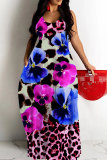 Blue Graphics Print Backless Spaghetti Strap Floor Length Vacation Baggy Sundress Slip Maxi Dress