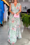Light Blue Floral Print Sleeveless Lace Up V Neck Long Side Slit Loose Vacation Maxi Dresses