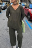 Black Casual Pocket V Neck Long Sleeve Blouse And Pants Vacation Two Pieces Trouser Sets