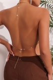 Gold Club Metal Sequin Leopard Chains Backless Halter Crop Tops