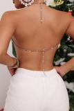 Color Club Metal Sequin Leopard Chains Backless Patchwork Halter Crop Tops