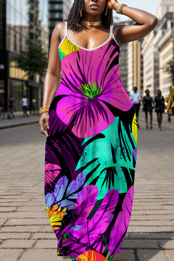 Purple Floral Print Backless Spaghetti Strap Floor Length Vacation Baggy Sundress Slip Maxi Dress