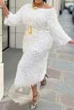 White Formal Evening Party Prom O Neck Long Sleeve Long Furry Tassel With Belt Bodycon Maxi Dresses