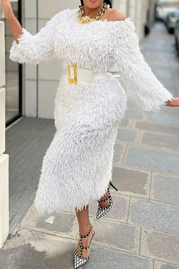 White Formal Evening Party Prom O Neck Long Sleeve Long Furry Tassel With Belt Bodycon Maxi Dresses