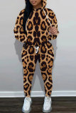 Tan Leopard Print O Neck Long Sleeve Hoodie Sweatshirt And Skinny Pants Sportwear Casual Two Pieces Tracksuit Sweatpants Set