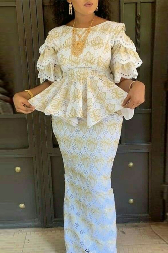White Formal Evening Party Prom Hollow Out O Neck Half Sleeve Ruffle Trim Blouse And Maxi Skirt Two Pieces Dress Sets