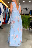 Light Blue Floral Print Sleeveless Lace Up V Neck Long Side Slit Loose Vacation Maxi Dresses