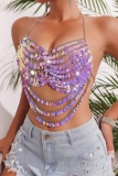 Purple Fringed Trim Chains Sleeveless Backless Shell Beads Halter Crop Tops