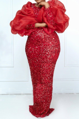 Red Sequin Evening Party Gown Patchwork Mesh Zipper O Neck Puff Sleeve  Bodycon Glitter Prom Maxi Dress