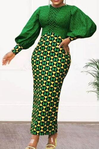 Green Formal Evening Party Prom Geometry Print Patchwork O Neck Lantern Sleeve Long Bodycon Maxi Dresses
