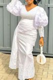 White Hollow Out Patchwork V Neck Lantern Sleeve Draped Tail Sash Long Vacation Maxi Dresses