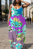Purple Floral Print Backless Spaghetti Strap Floor Length Vacation Baggy Sundress Slip Maxi Dress