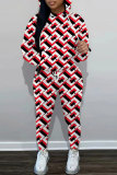 Blue Red Geometry Print O Neck Long Sleeve Hoodie Sweatshirt And Skinny Pants Sportwear Casual Two Pieces Tracksuit Sweatpants Set