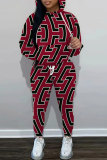 Blue Red Geometry Print O Neck Long Sleeve Hoodie Sweatshirt And Skinny Pants Sportwear Casual Two Pieces Tracksuit Sweatpants Set
